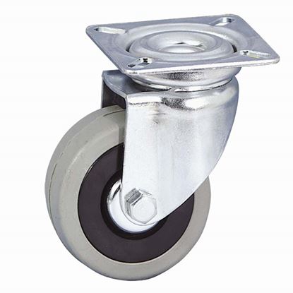 Immagine di RUOTA IN GOMMA GRIGIA, NUCLEO IN POLIPROPILENE C/PARAFILI, SUPPORTO ROTANTE C/ATTACCO A PIASTRA, PORTATA 50 KG, Ø 60 MM