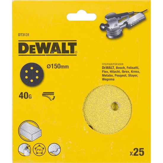 Immagine di DISCO ABRASIVO DEWALT, PER LEVIGATRICE ROTORBITALE, FORATO, FISSAGGIO CON VELCRO, Ø 150 MM, 25 DISCHI, GRANA 120