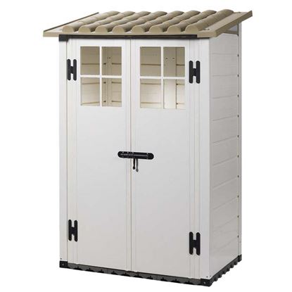 Immagine di CASETTA DA ESTERNO TUSCANY IN PVC, A DOGHE 139X95X201 CM, PAVIMENTO CON PIASTRELLE, COLORE BEIGE